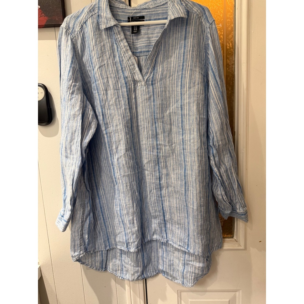 Jones & Co Jones New York 100% Linen Blue White Striped Tunic Top 1X High Low
